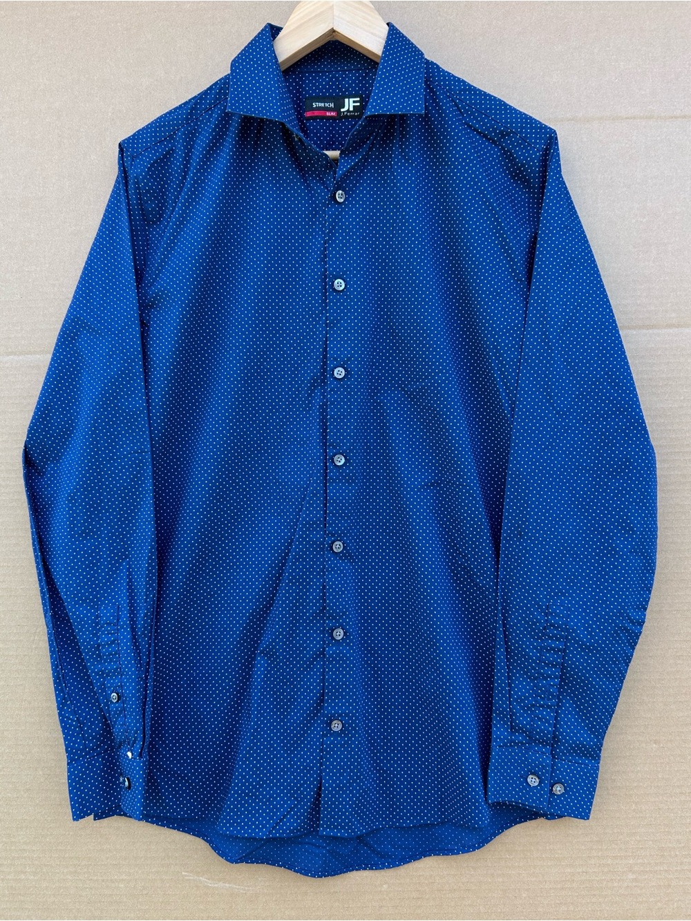 JF J Ferras Men’s Dress Shirt Medium Stretch Polka Dots Navy Blue Slim Fit